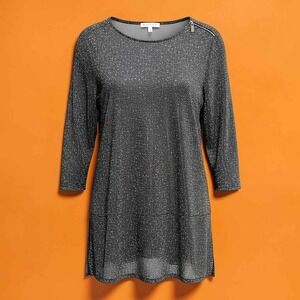 Chaus Metallic Sparkle Tunic Top Silver Glitter Party Blouse 3/4 Sleeve Size L